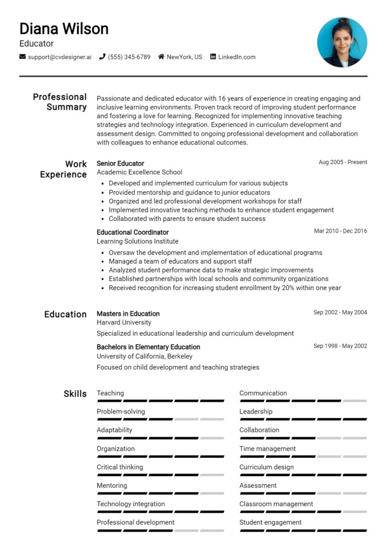 Educator Resume Example for 2025: Free Professional Templates
