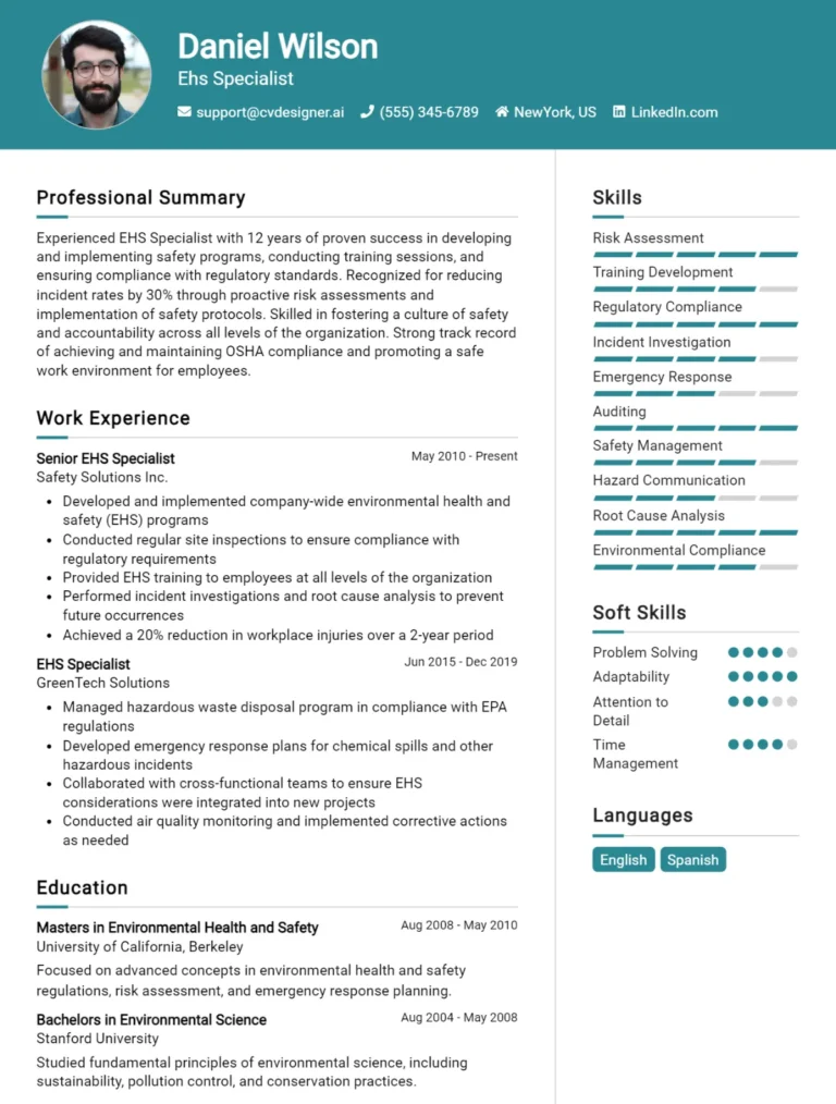 EHS Specialist CV Example For 2025: Best Tips & Templates
