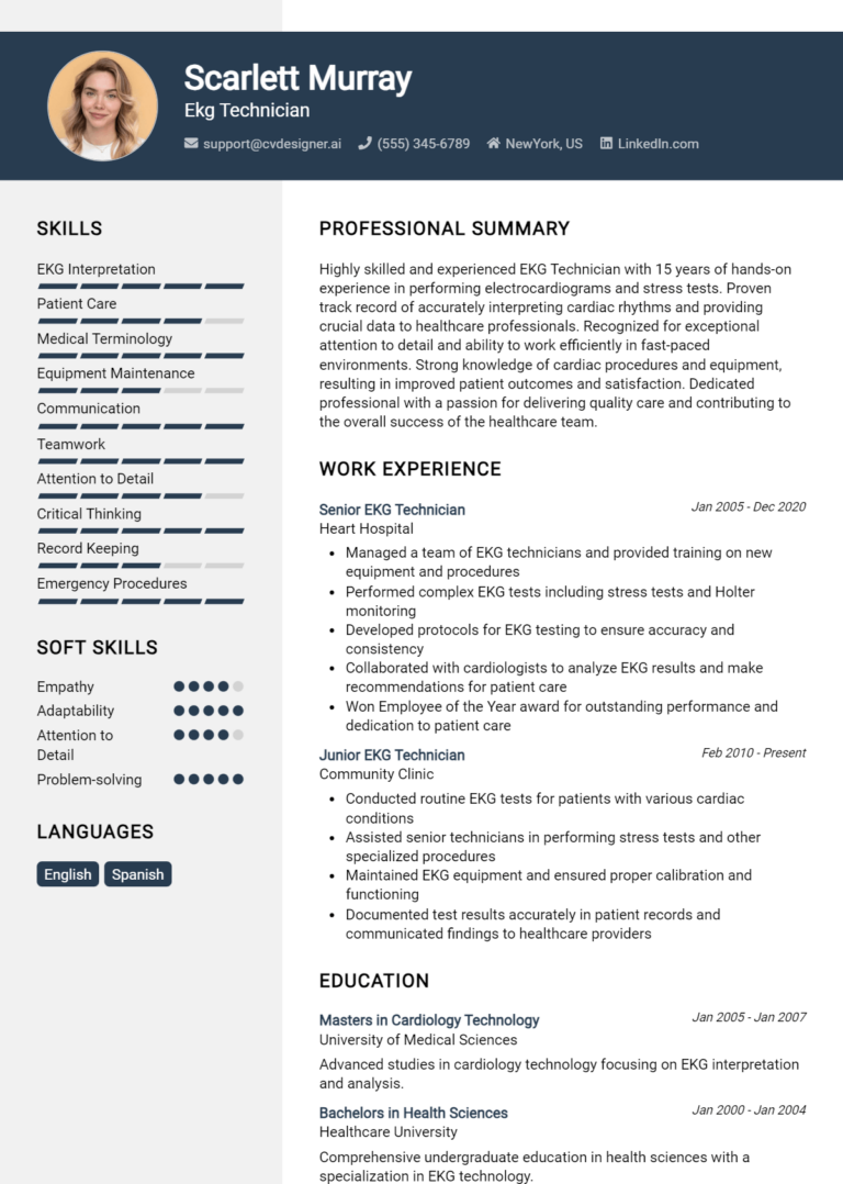 Ekg Technician Resume Example for 2025: Top CV Skills