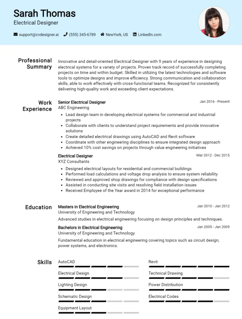 Electrical Designer CV Example