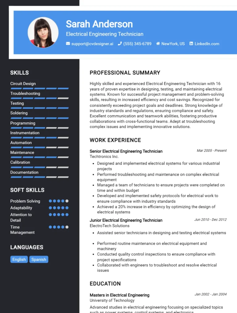 Electrical Engineering Technician CV Example For 2025: Top Tips & Samples