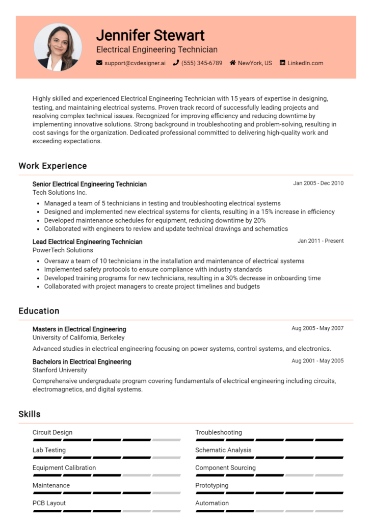 Electrical Engineering Technician Resume Example