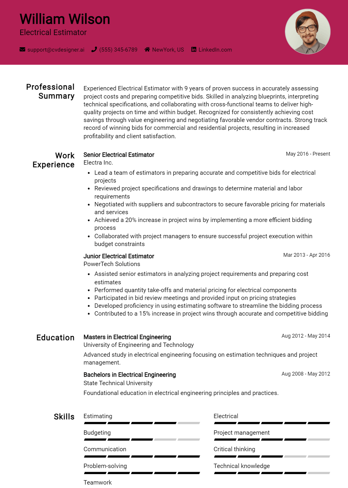 Electrical Estimator Resume Example