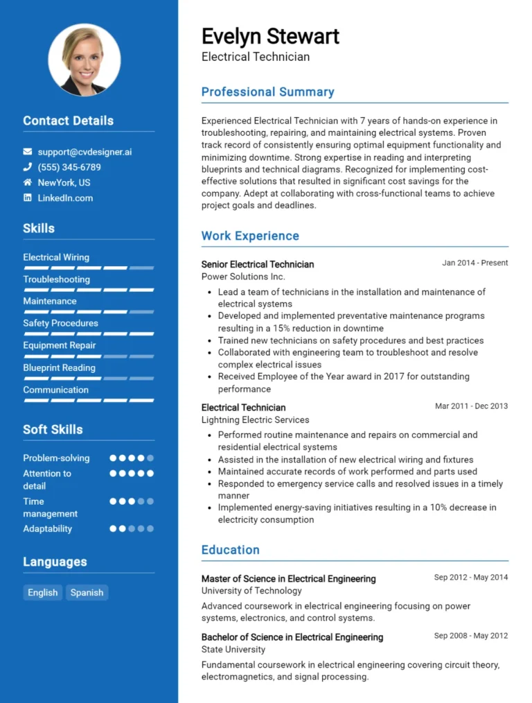 Electrical Technician CV Example For 2025: Free Downloadable Templates