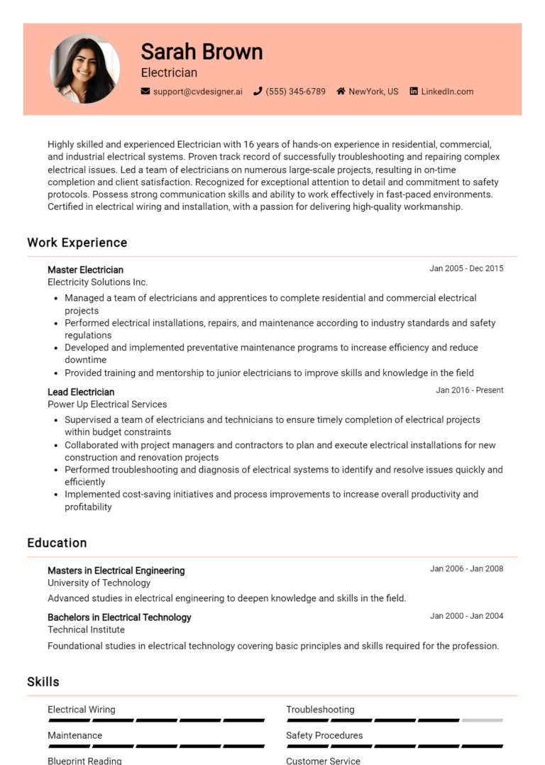 Electrician Resume Example for 2025: How to Craft a Winning CV
