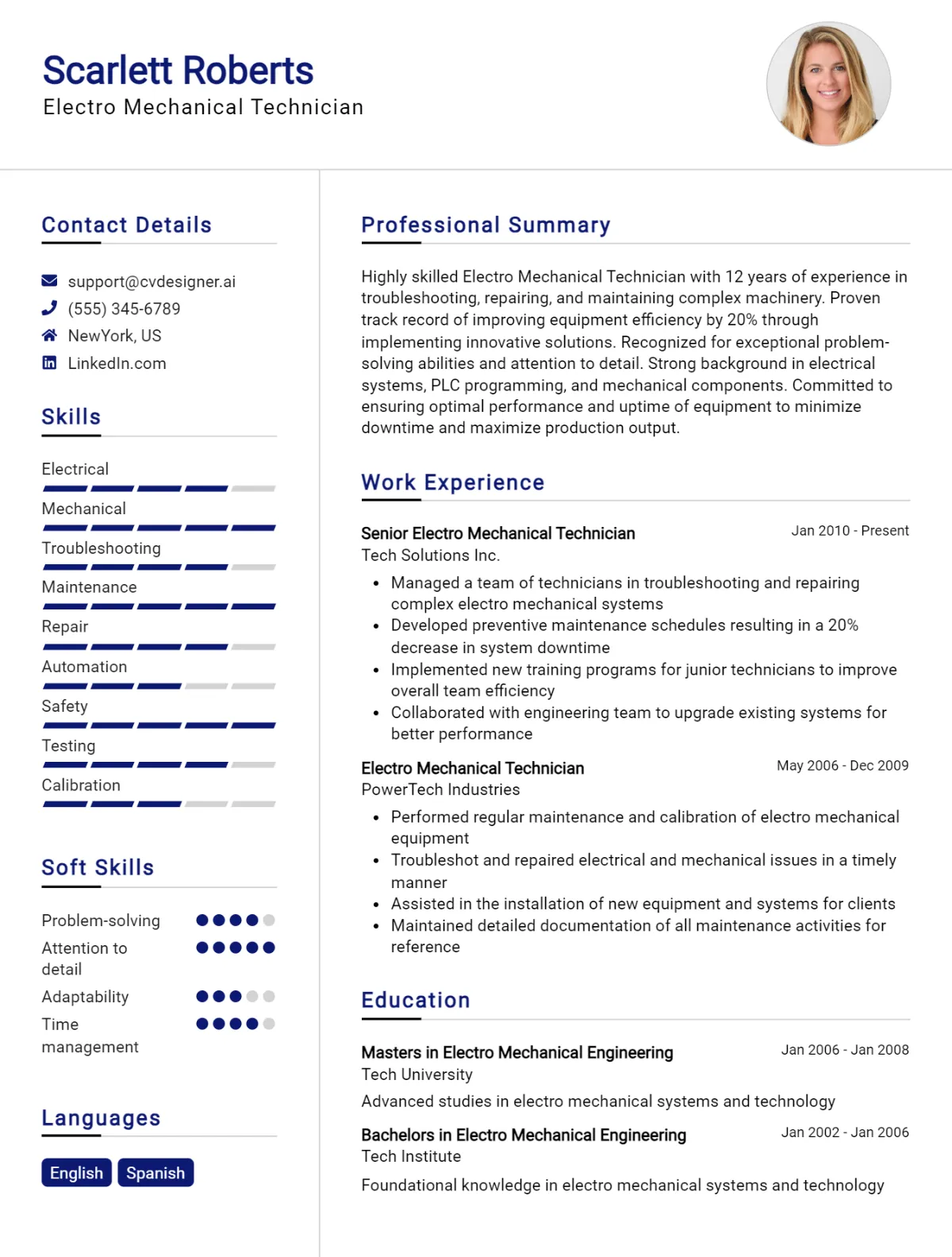 Electro Mechanical Technician CV Example