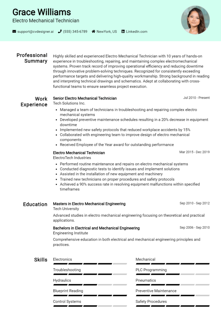 Electro Mechanical Technician Resume Example