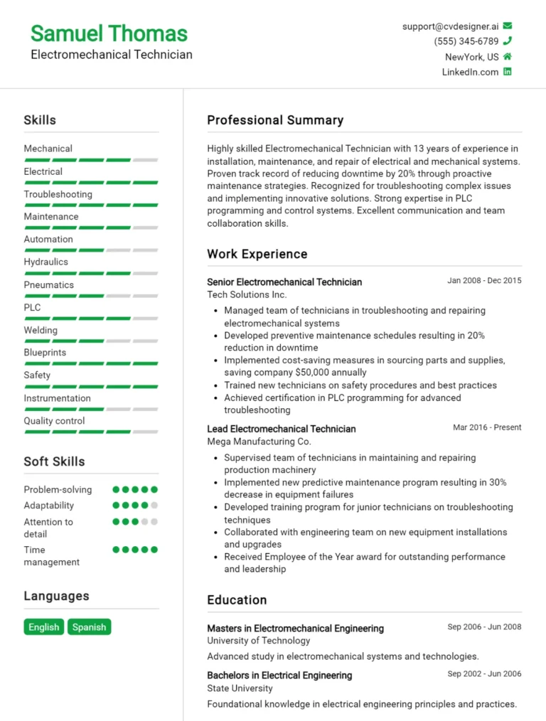 Electromechanical Technician CV Example For 2025: Top Tips & Samples