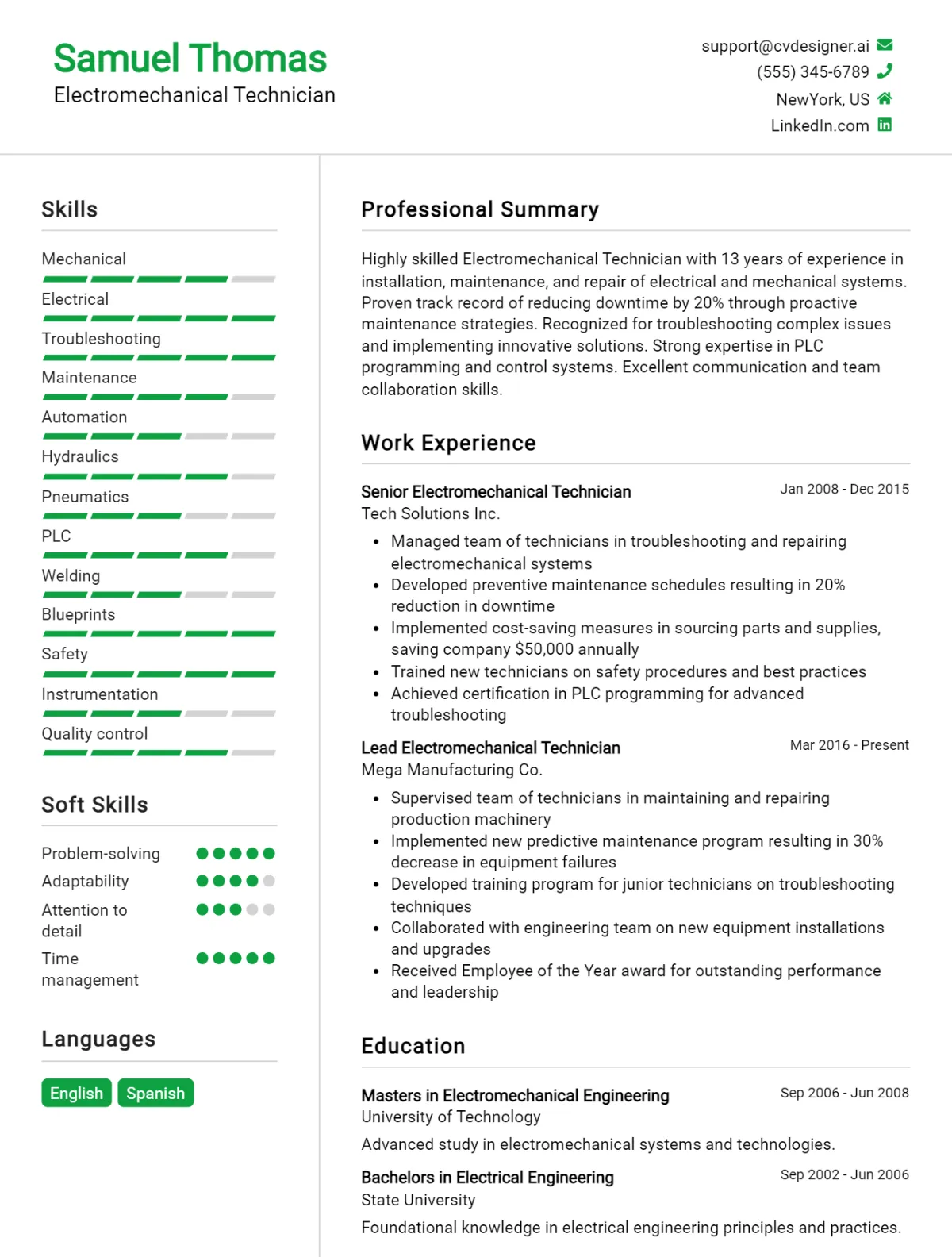 Electromechanical Technician CV Example