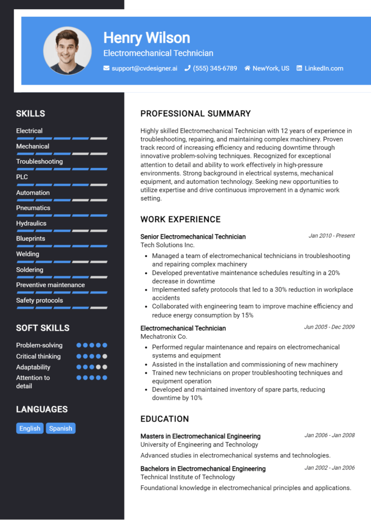 Electromechanical Technician Resume Example