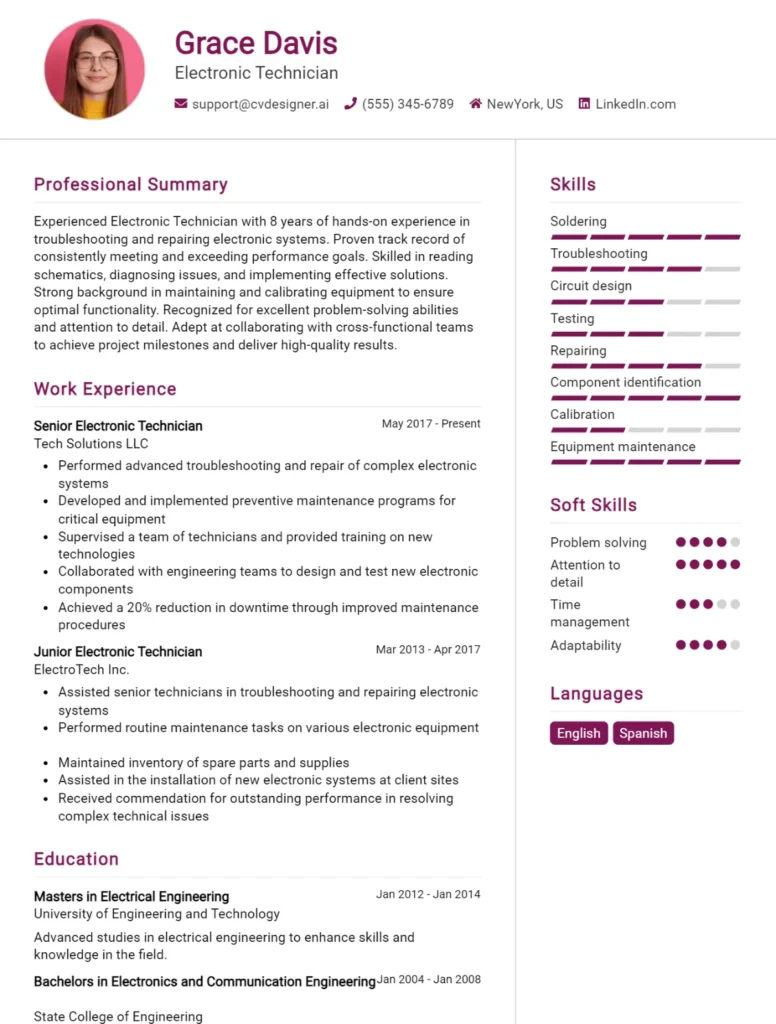 Electronic Technician CV Example