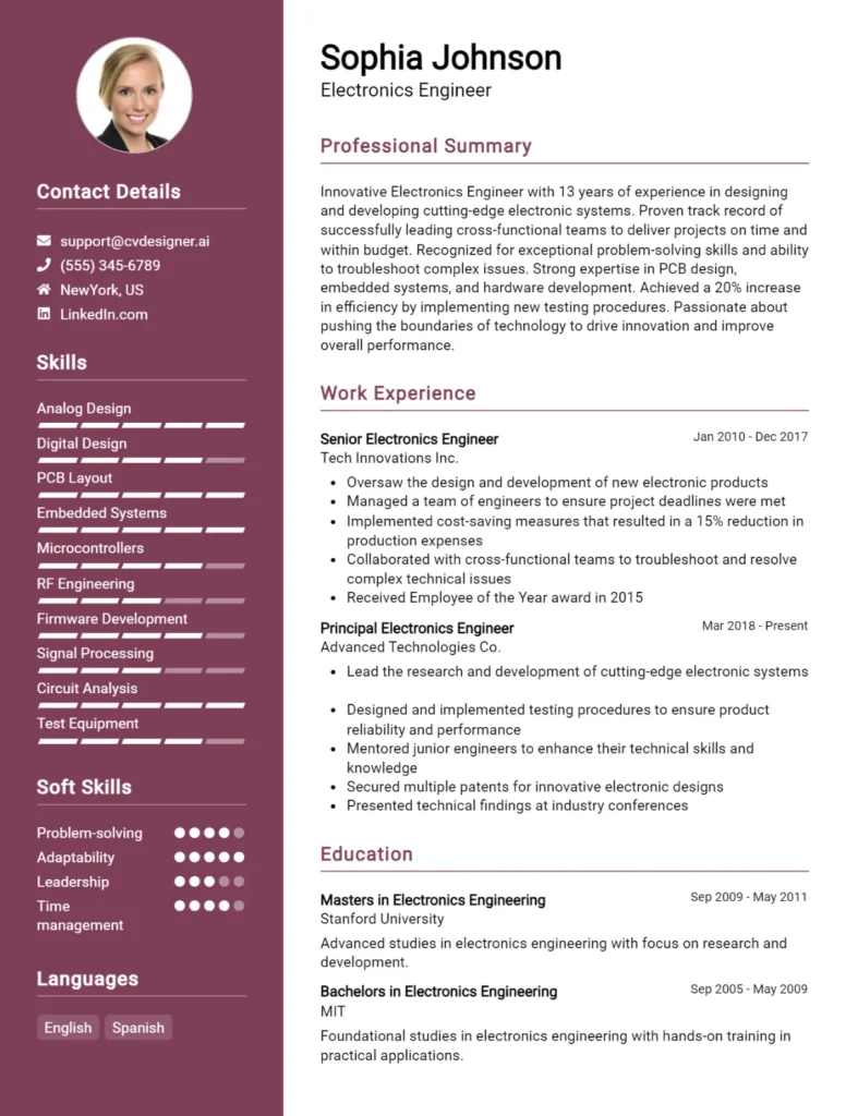 Electronics Engineer CV Example