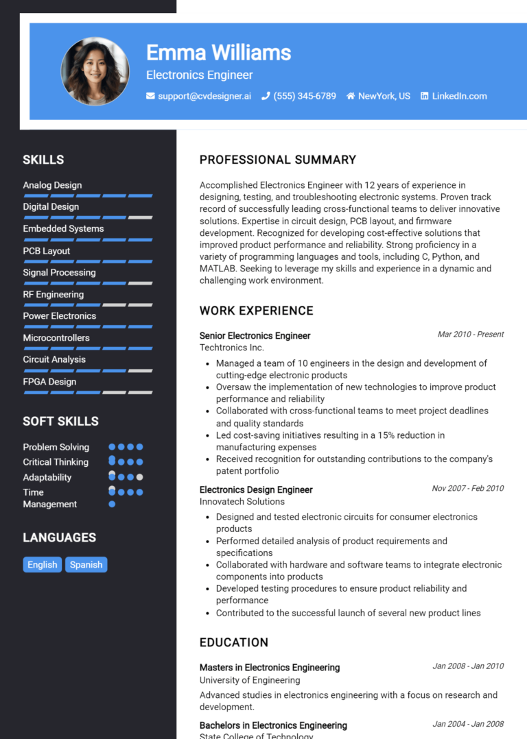 Electronics Engineer Resume Example for 2025: Samples & Best Practices