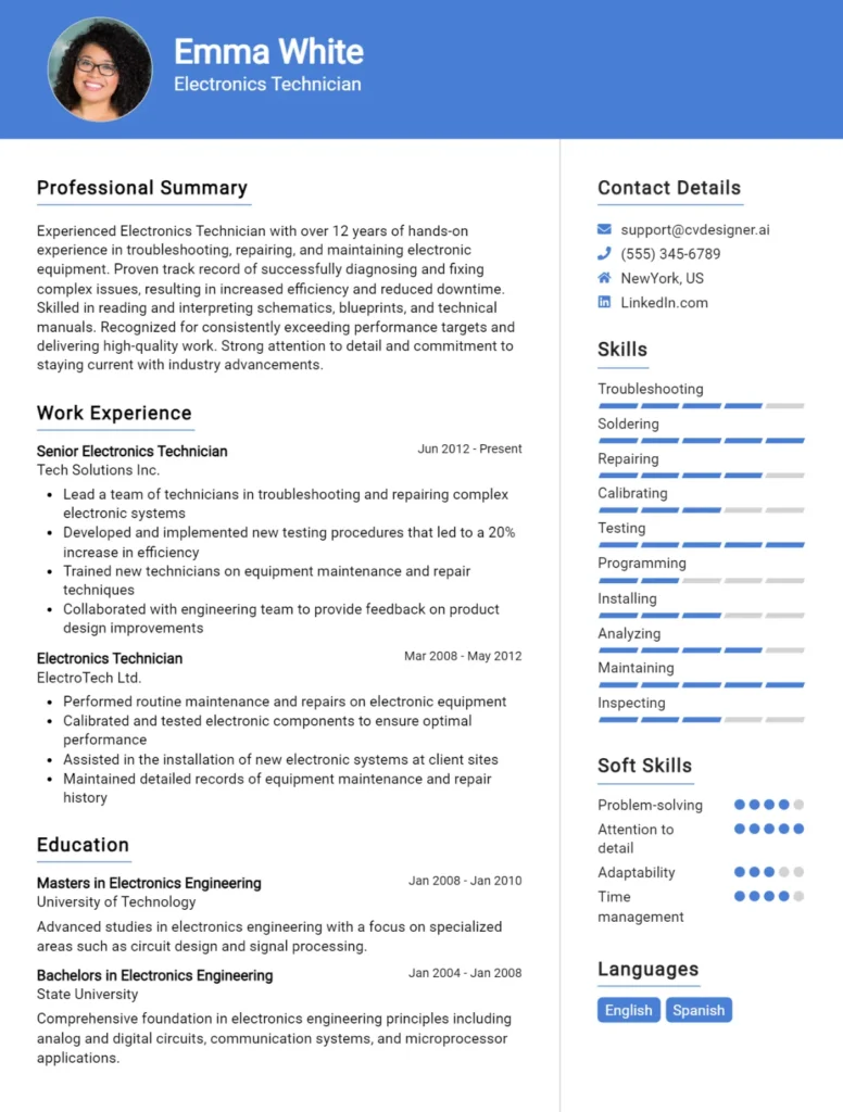 Electronics Technician CV Example