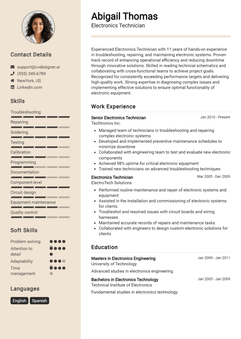 Electronics Technician Resume Example for 2025: Strategies & Templates