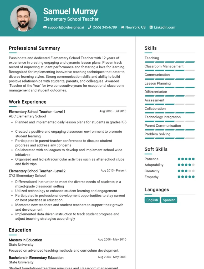 Elementary School Teacher CV Example