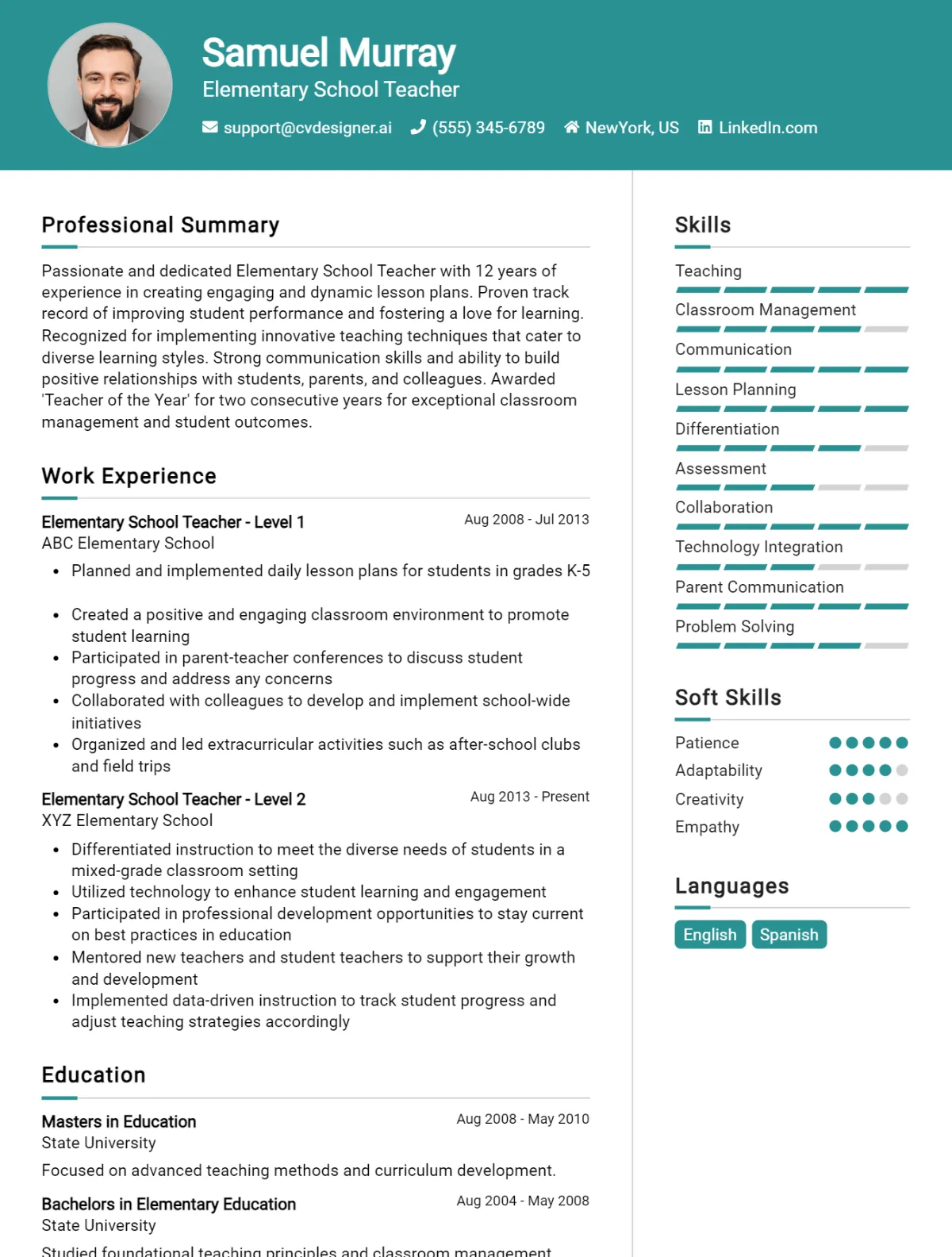 Elementary School Teacher CV Example