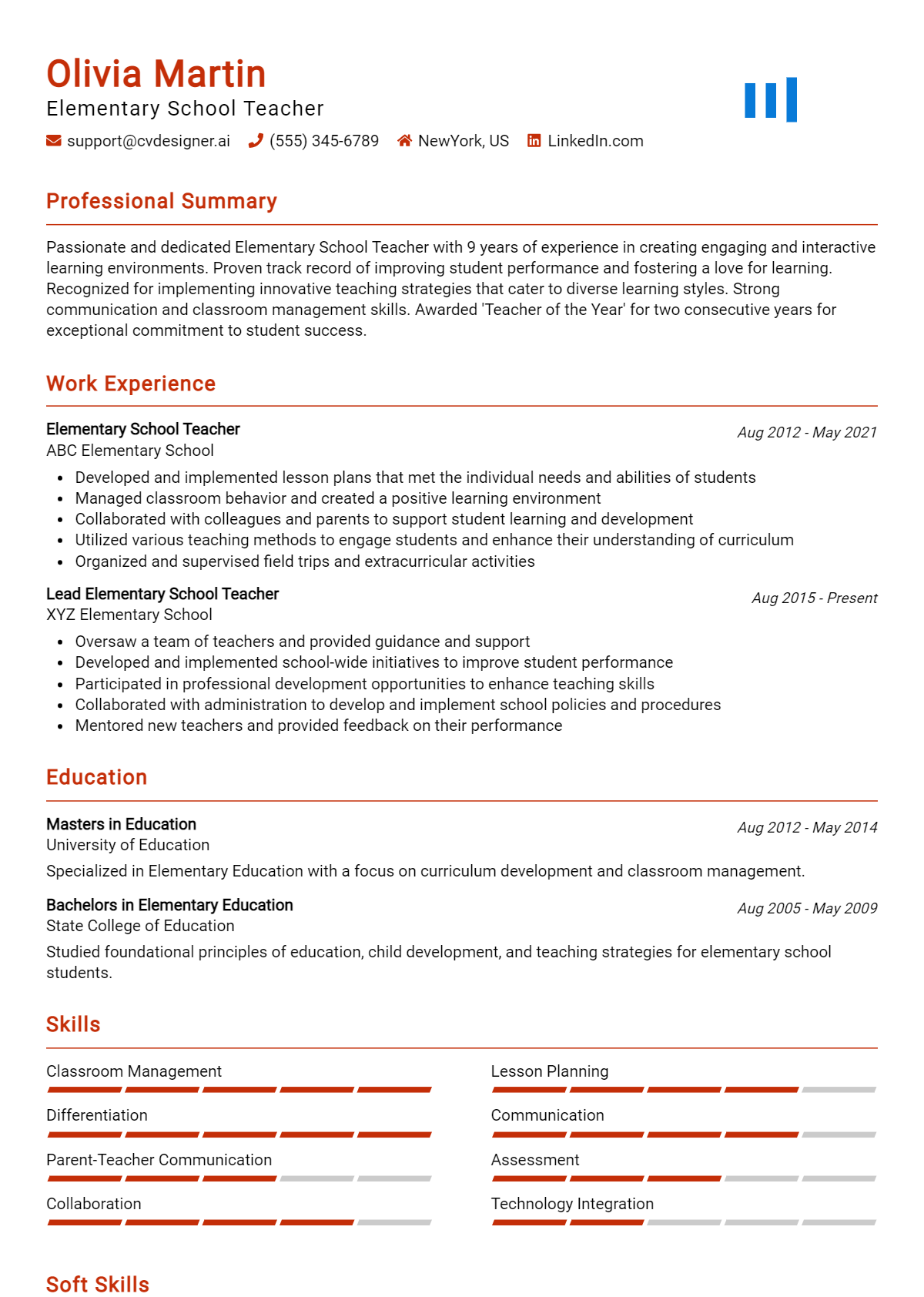 Elementary School Teacher Resume Example