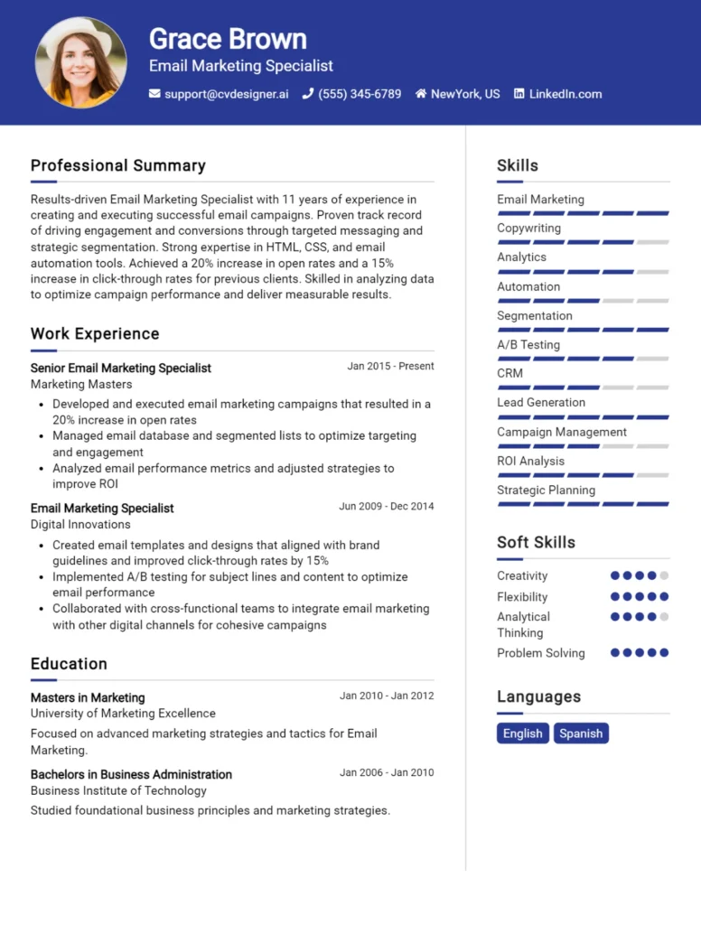 Email Marketing Specialist CV Example