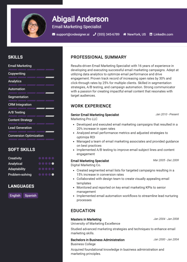 Email Marketing Specialist Resume Example