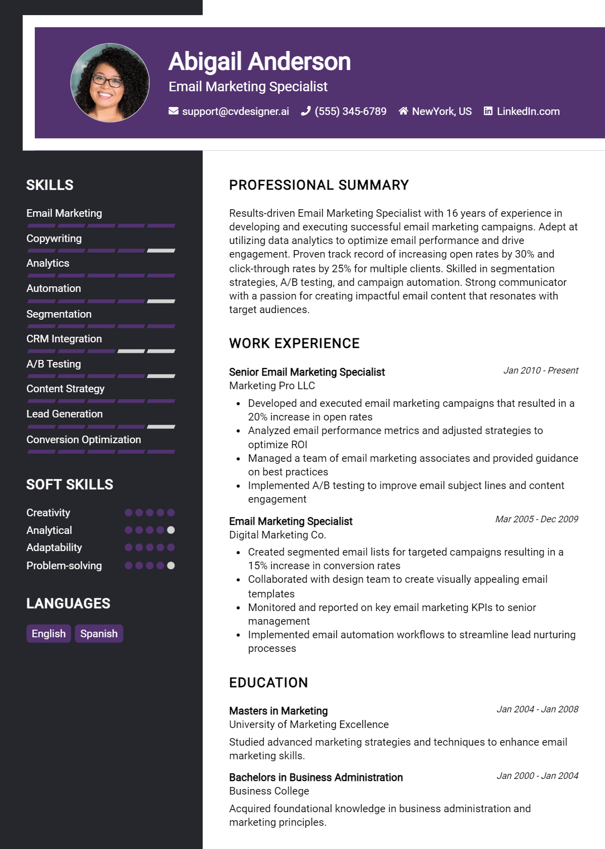 Email Marketing Specialist Resume Example
