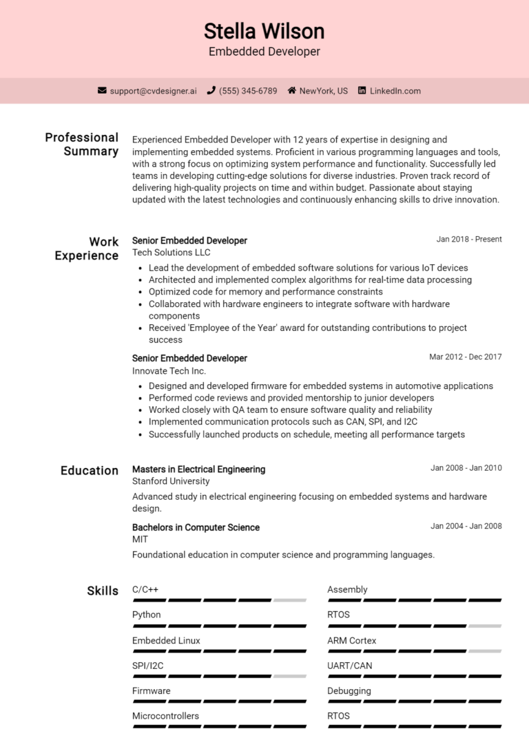 Embedded Developer Resume Example for 2025: Best Tips