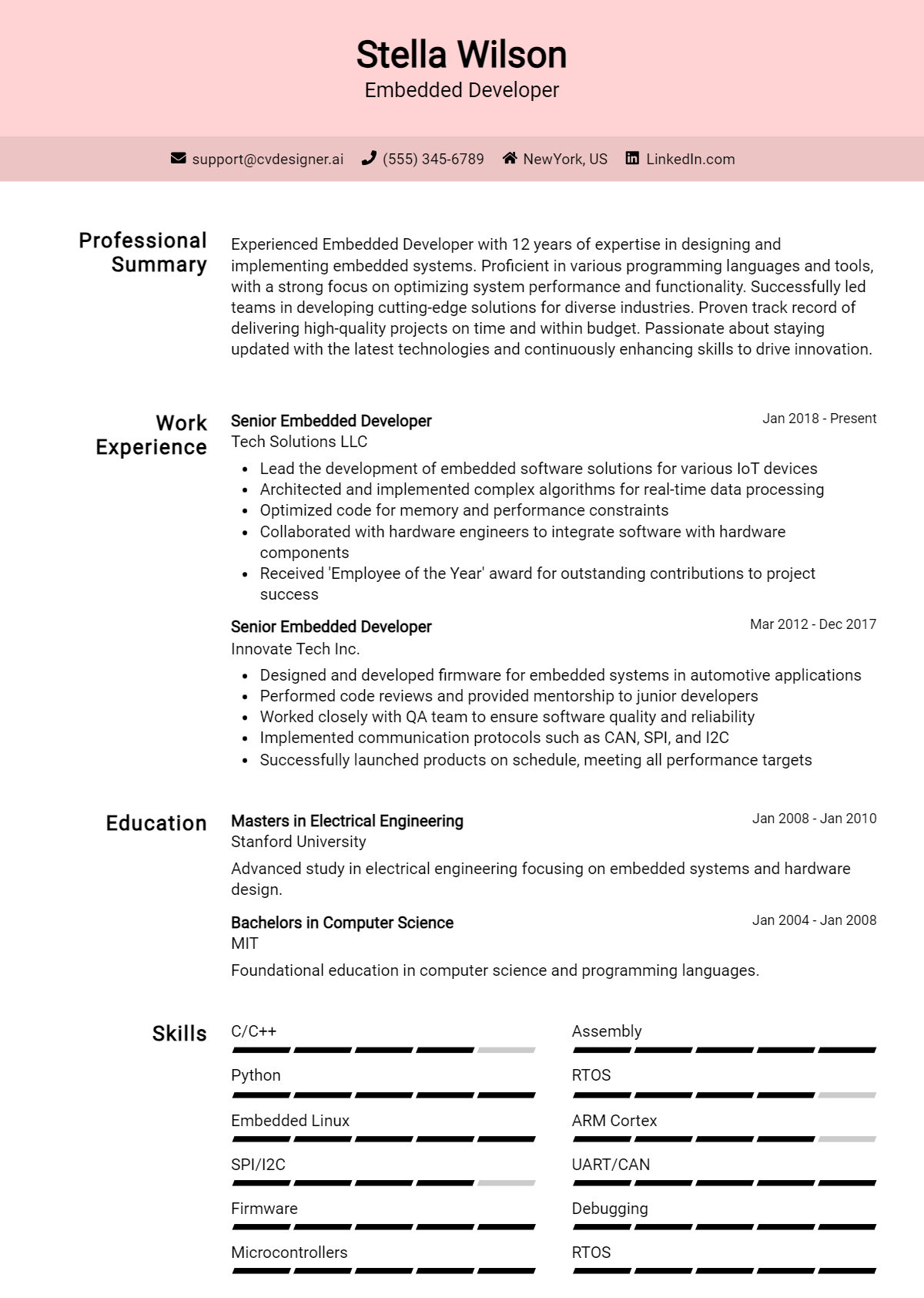 Embedded Developer Resume Example