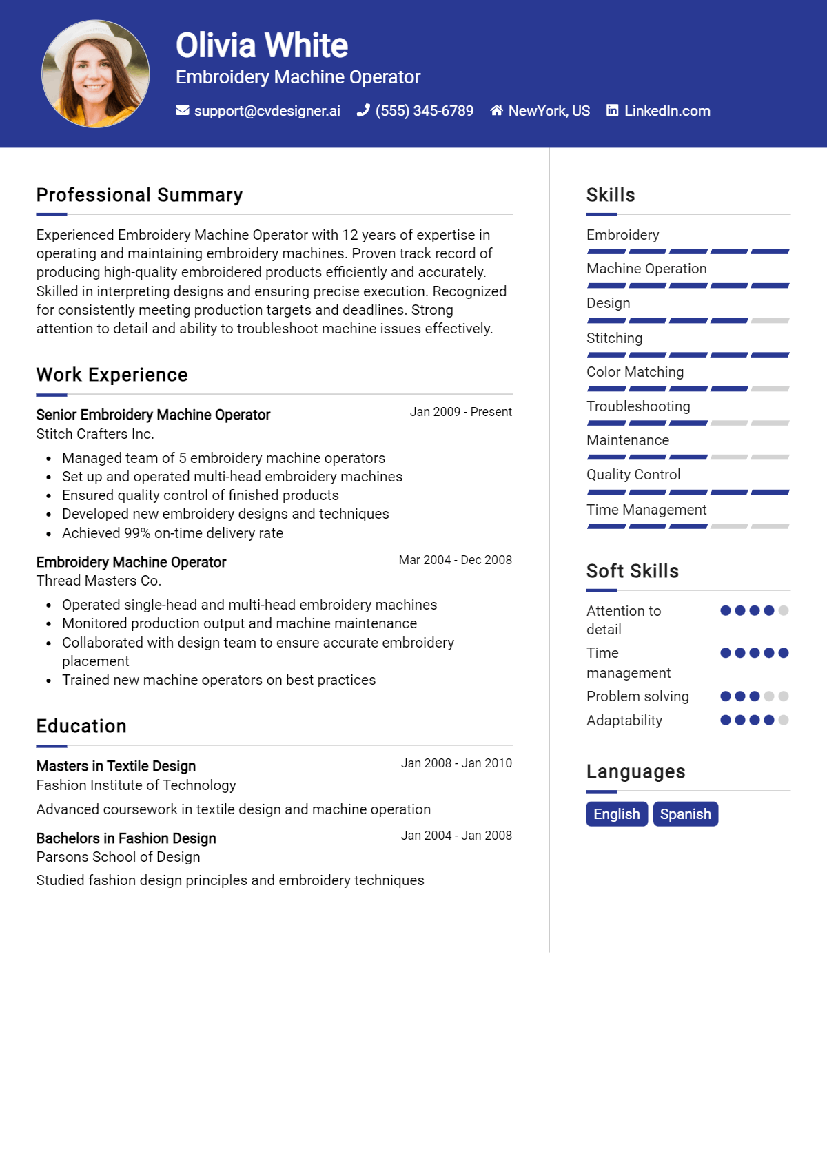 Embroidery Machine Operator Resume Example