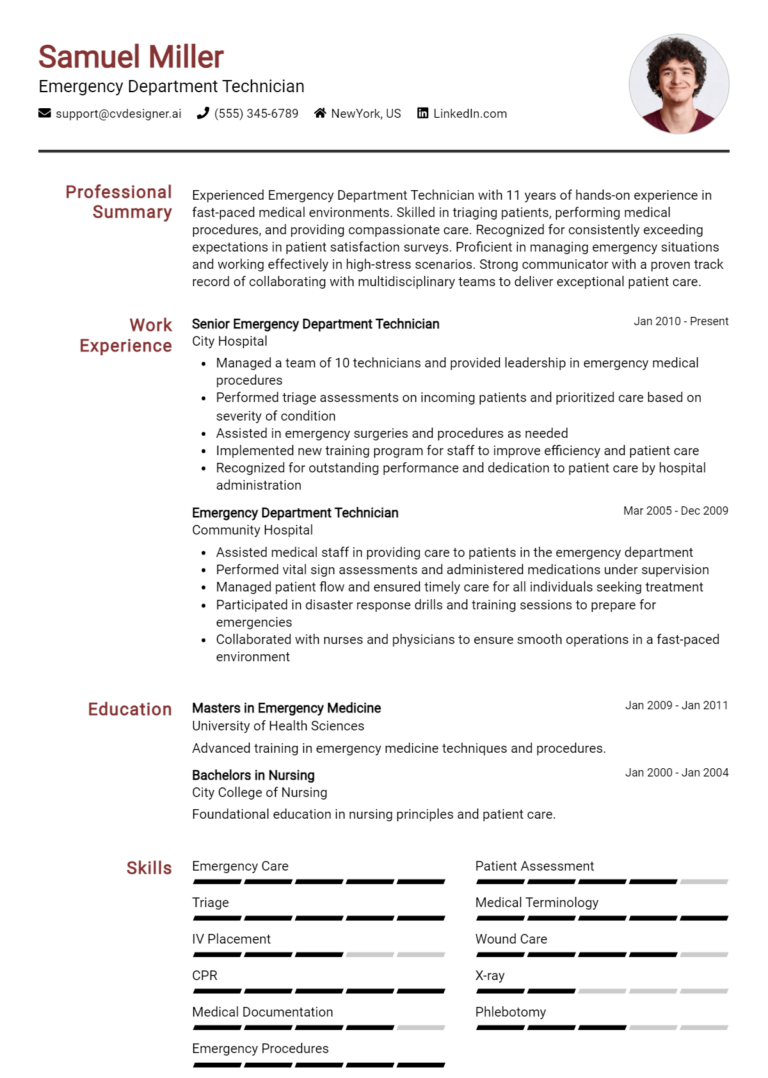 Emergency Department Technician Resume Example for 2025: Top Templates