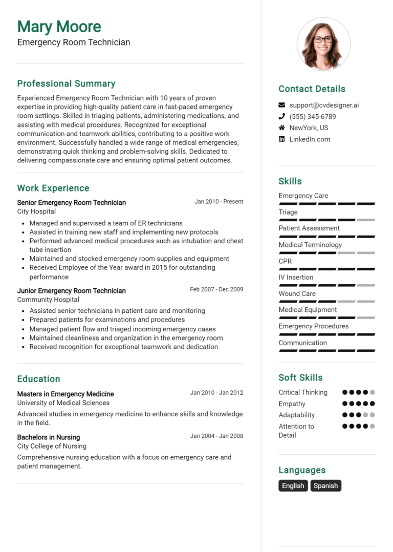 Emergency Room Technician Resume Example for 2025: Proven Tips & Templates