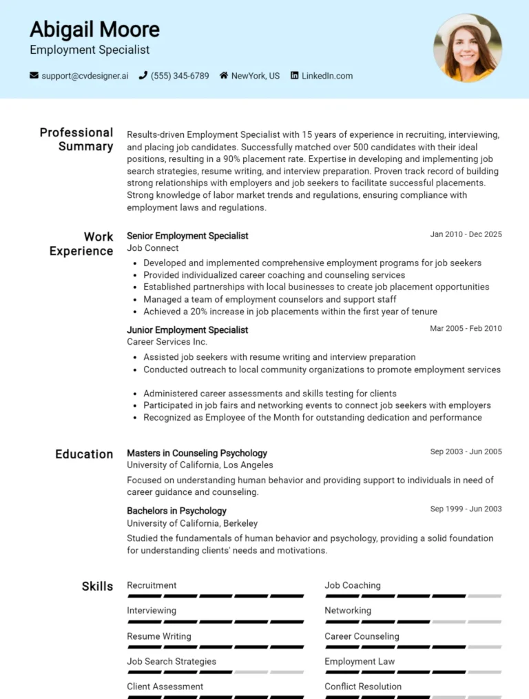 Employment Specialist CV Example For 2025: Ultimate Guide