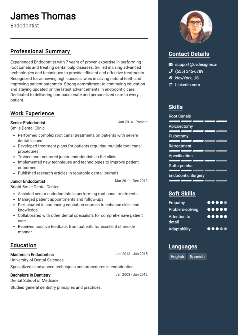 Endodontist Resume Example for 2025: How to Create a Professional CV