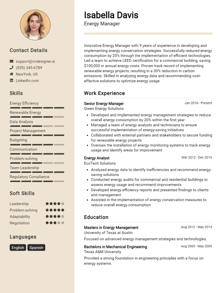 Energy Manager CV Example For 2025: Top Tips & Samples