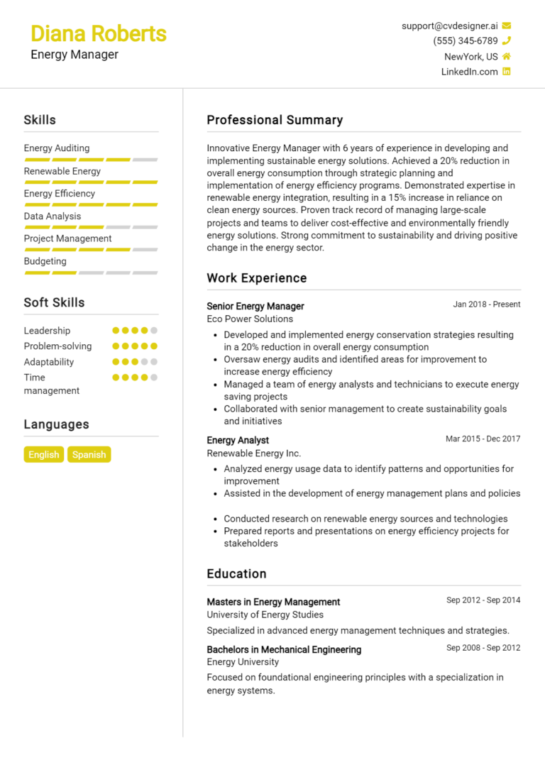 Energy Manager Resume Example for 2025: Best Writing Guide