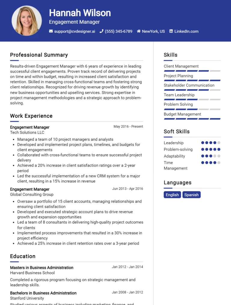 Engagement Manager CV Example For 2025: Expert Tips & Templates