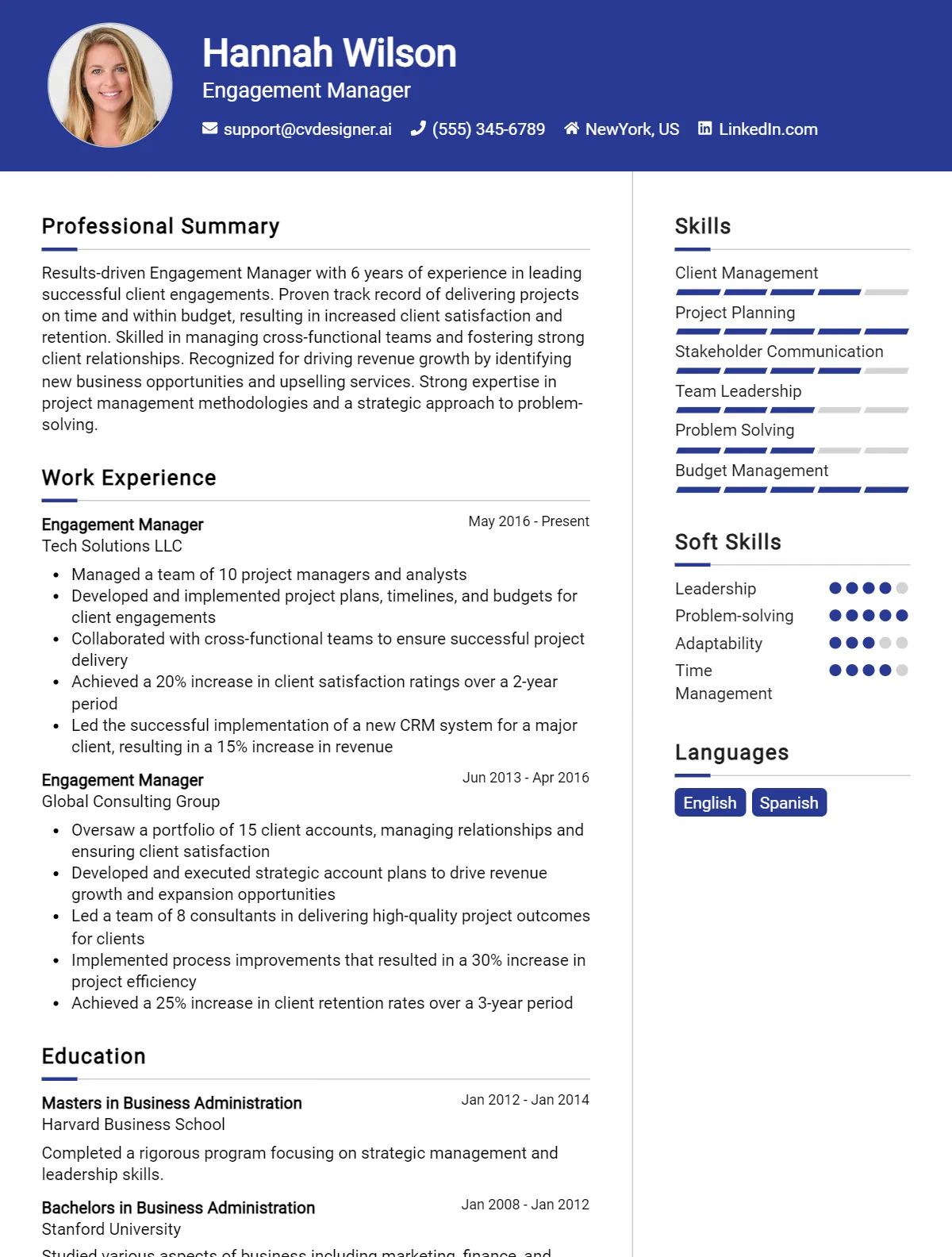 Engagement Manager CV Example