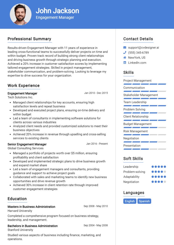 Engagement Manager Resume Example