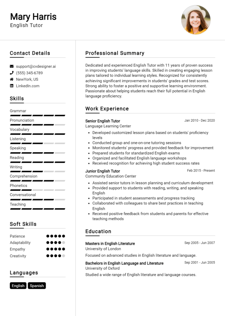 English Tutor Resume Example for 2024: How to Craft a Winning CV ...