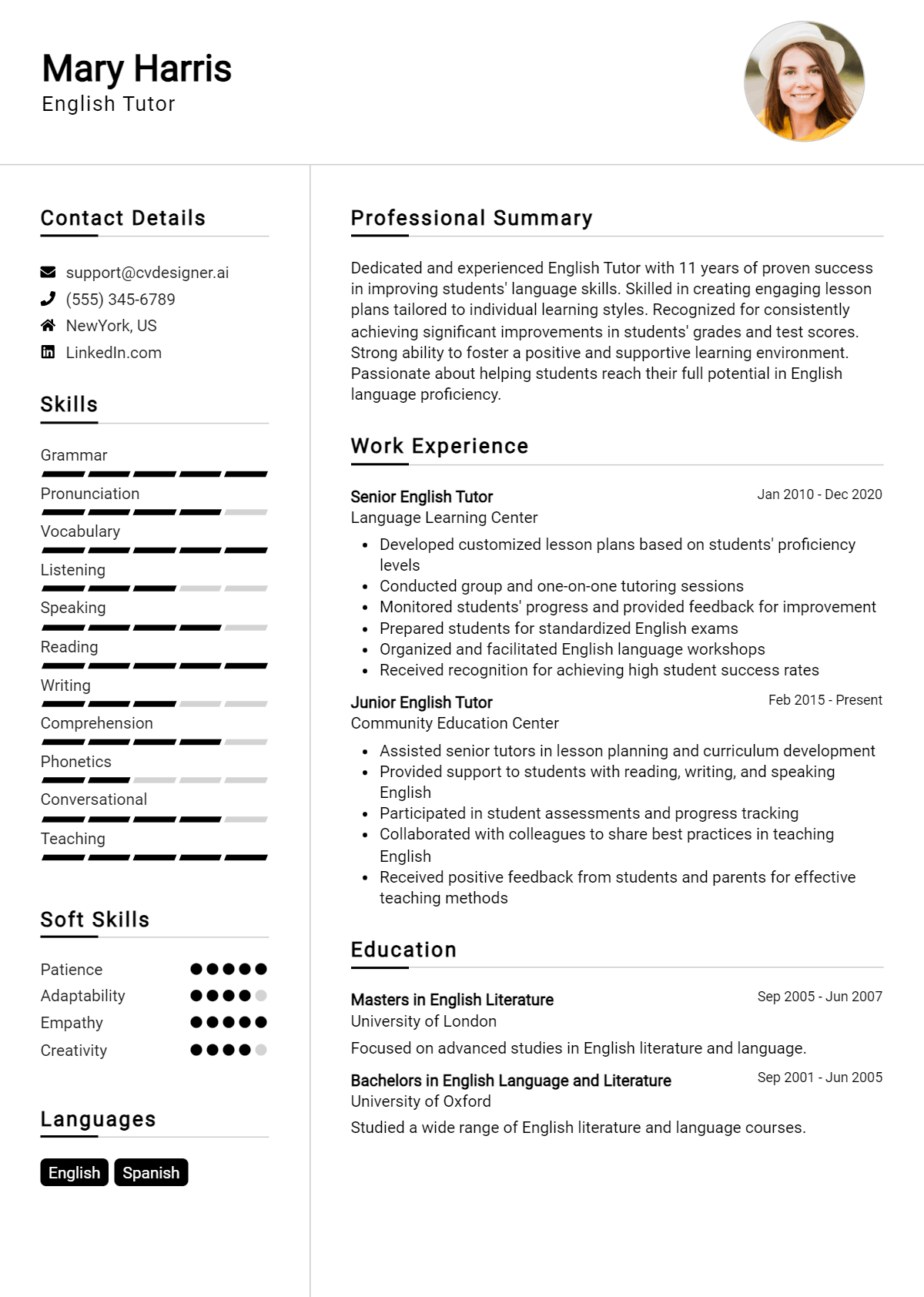 English Tutor Resume Example