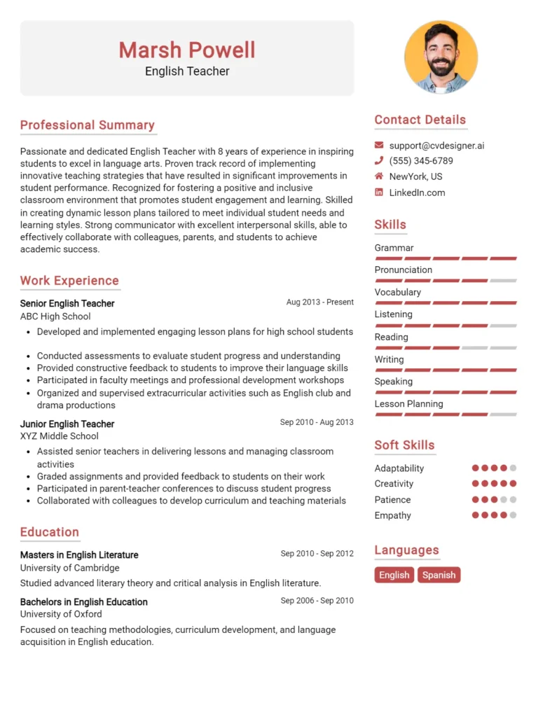 English Teacher CV Example For 2025: Free Downloadable Templates