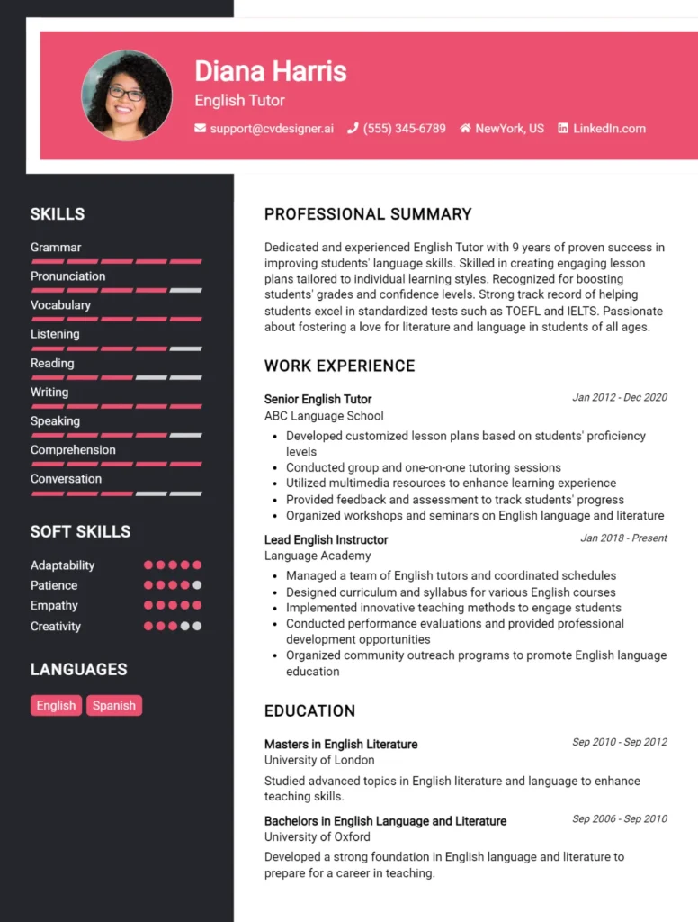 English Tutor CV Example