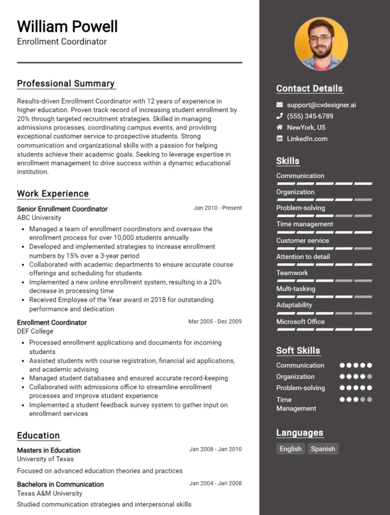 Enrollment Coordinator CV Example For 2025: Strategies & Templates