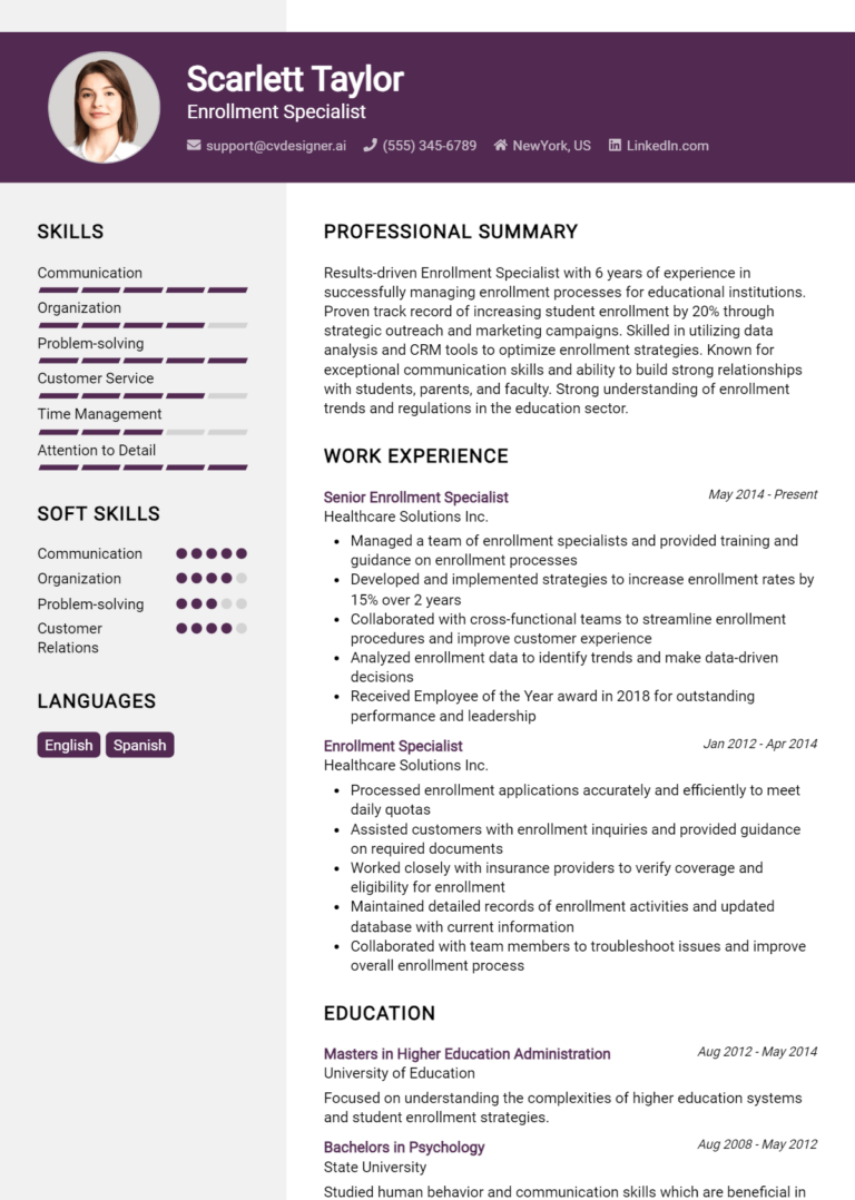 Enrollment Specialist Resume Example for 2025: Expert Tips