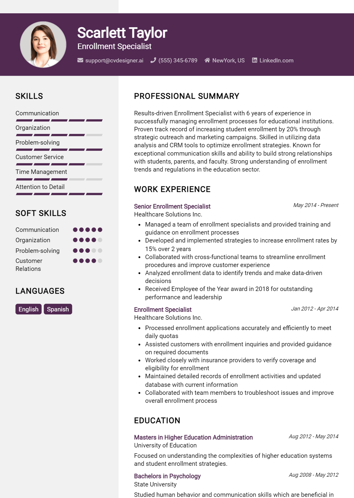 Enrollment Specialist Resume Example