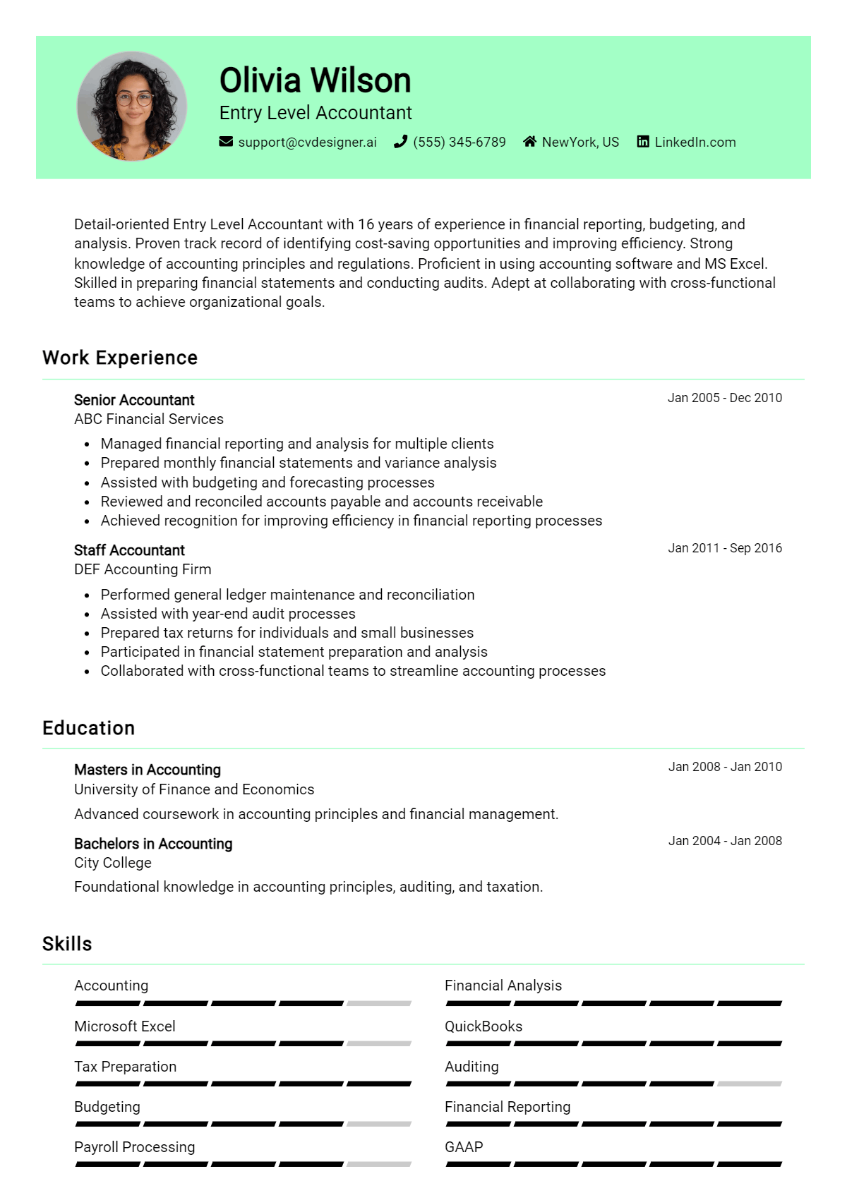 Entry Level Accountant Resume Example