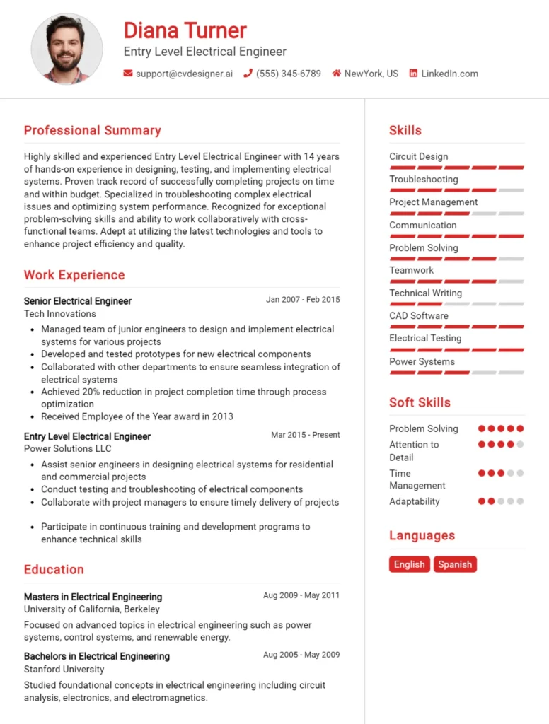 Entry Level Electrical Engineer CV Example