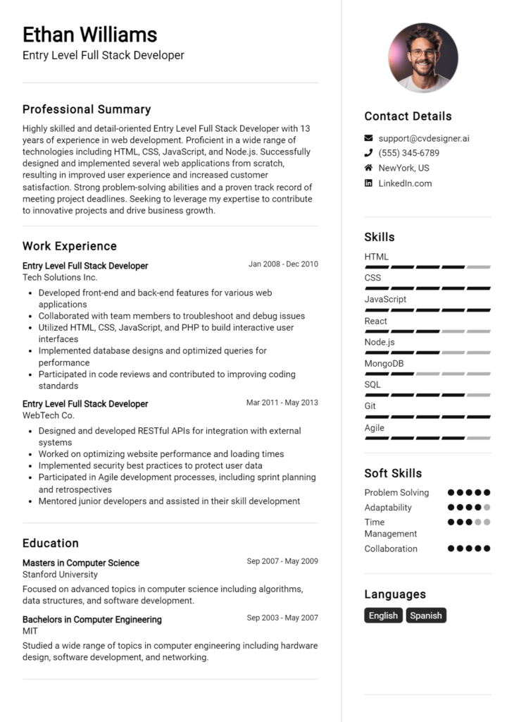 Entry Level Full Stack Developer Resume Example