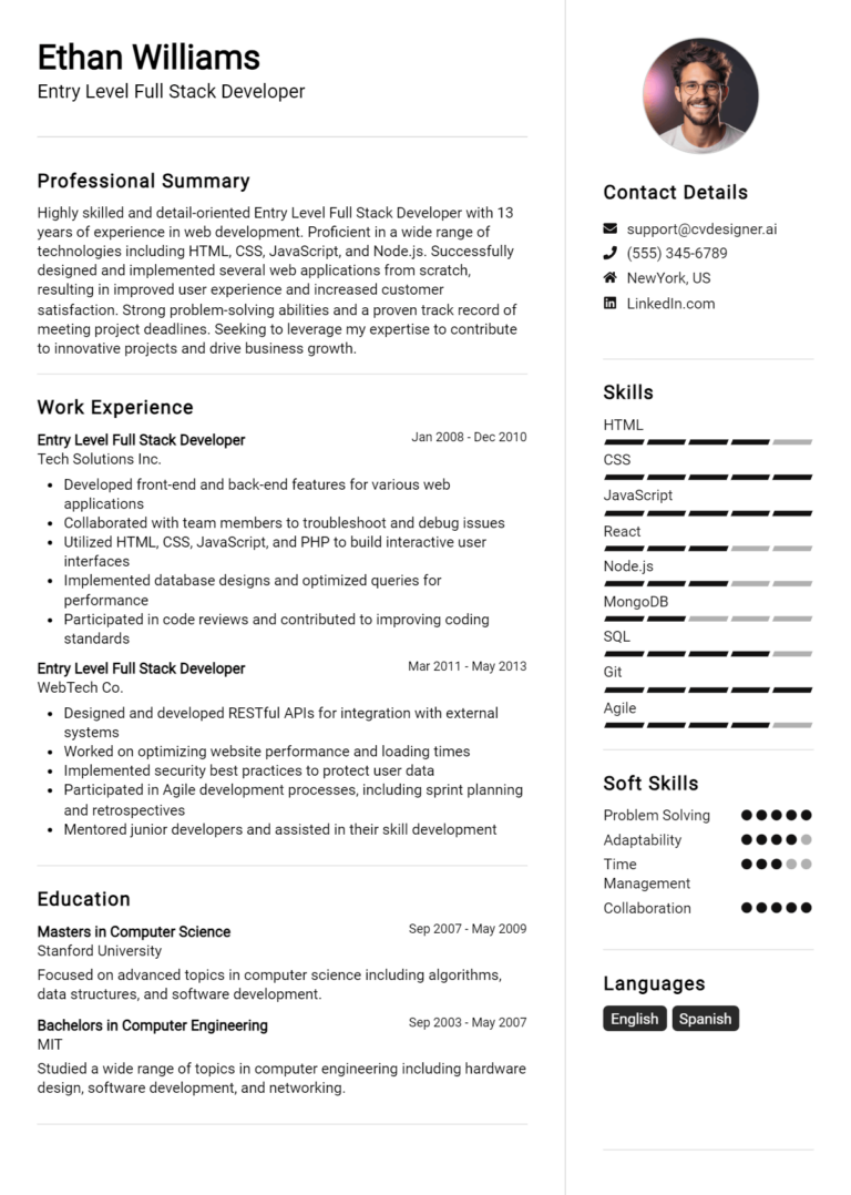 Entry-Level Full-Stack Developer CV Example for 2025: Free Downloadable Templates
