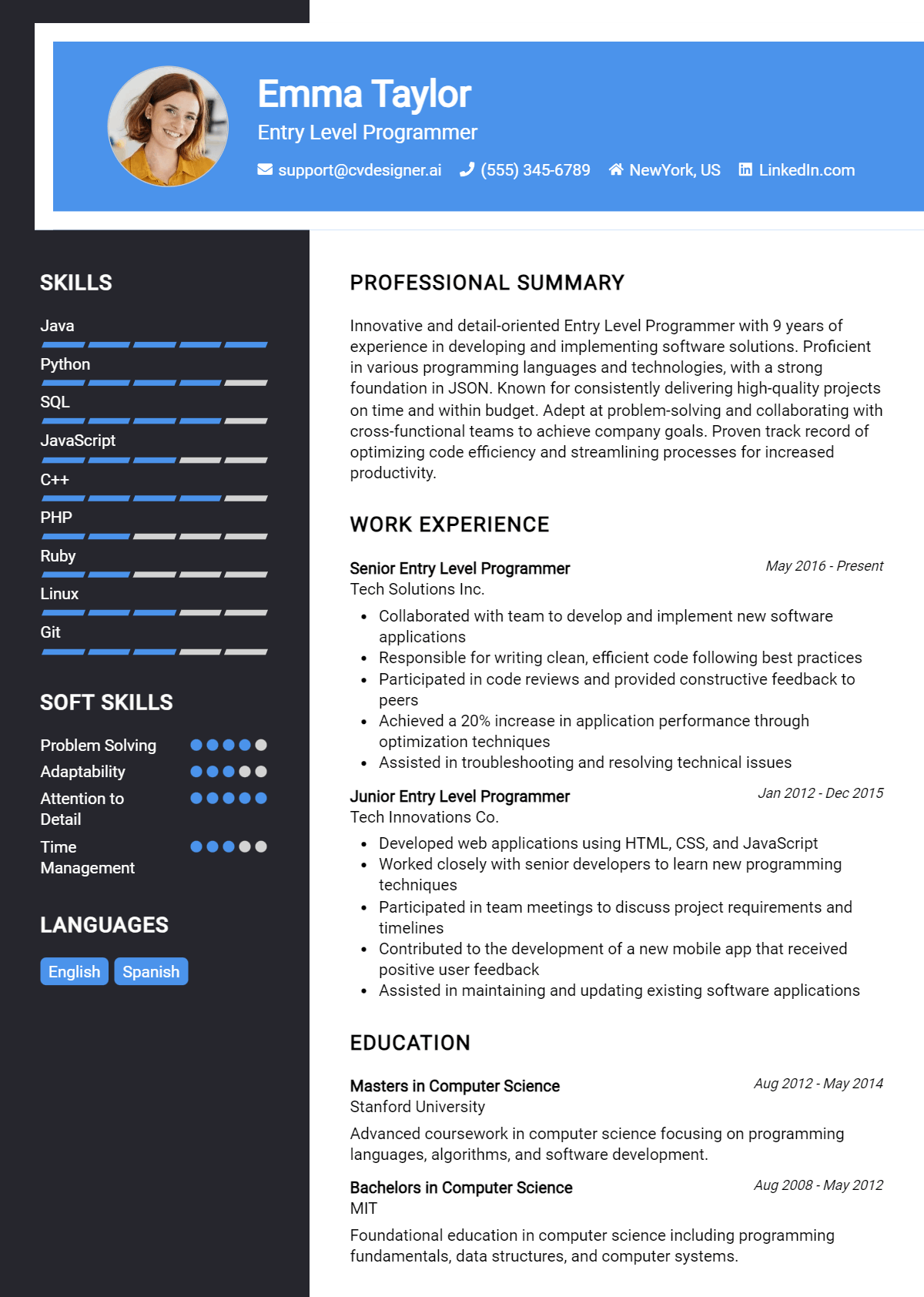 Entry Level Programmer Resume Example