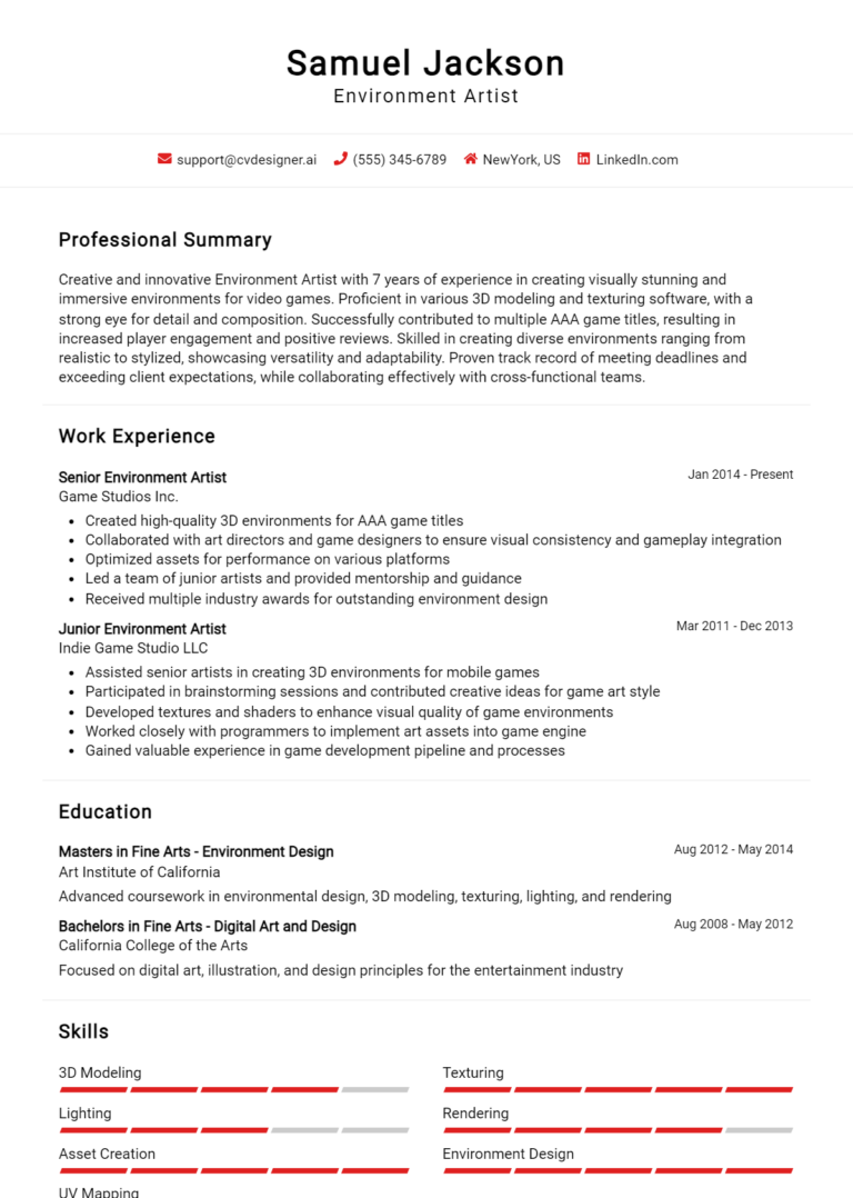 Environment Artist Resume Example for 2025: Best Writing Tips